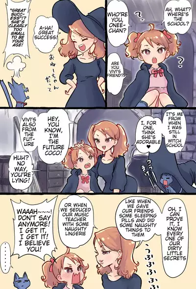 A story about a futanari witch who summons her past self with summoning magic and has sex with her smaller self